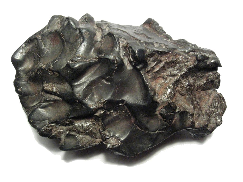 A dense, dark iron meteorite individual from the Sikhote-Alin fall, showing thumbprint-like regmaglypts across its surface