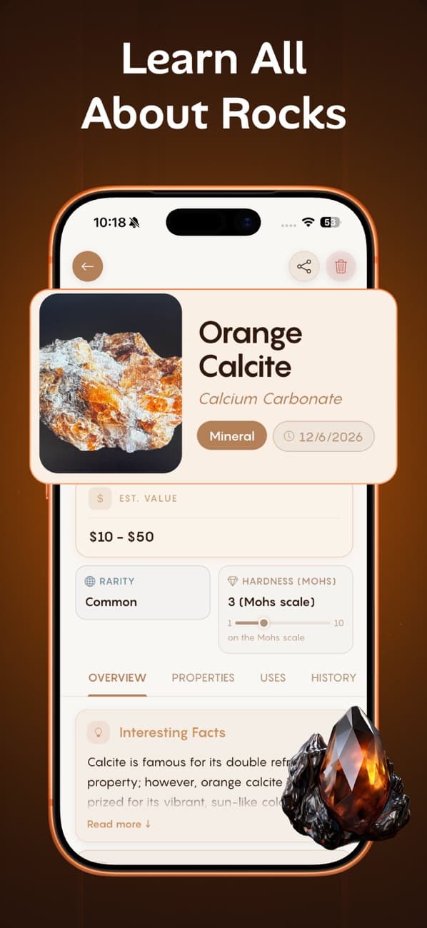 Rock Identifier result for Orange Calcite with rarity and Mohs hardness details