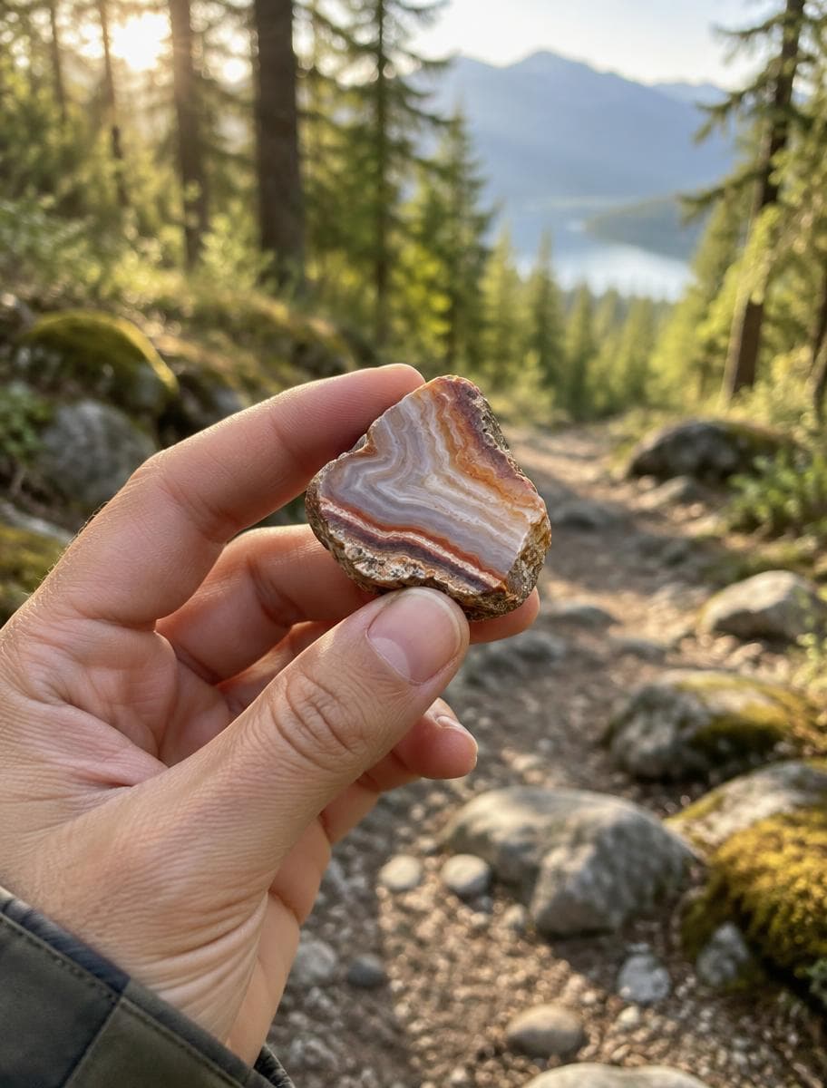 Hand holding a banded agate during a hike