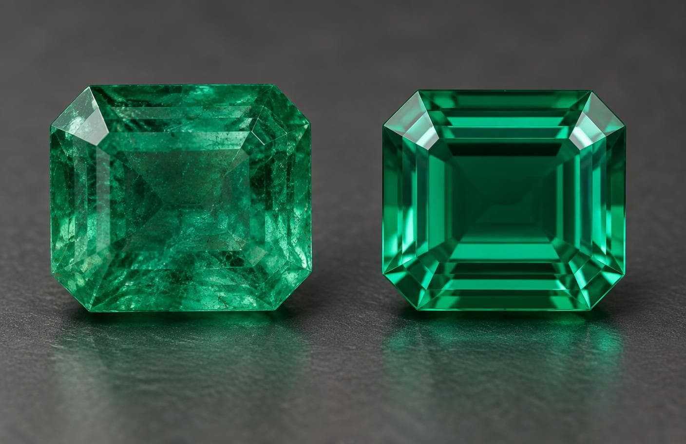 Natural and synthetic-looking green gemstones shown side by side