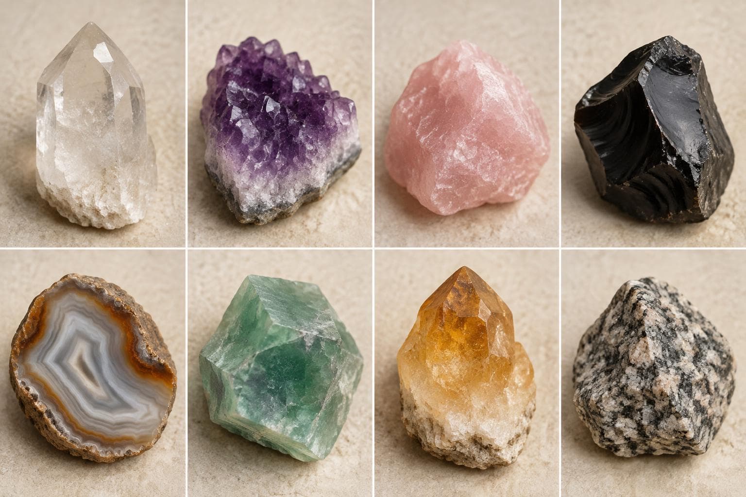 Quartz, amethyst, rose quartz, obsidian, agate, fluorite, citrine and granite specimens