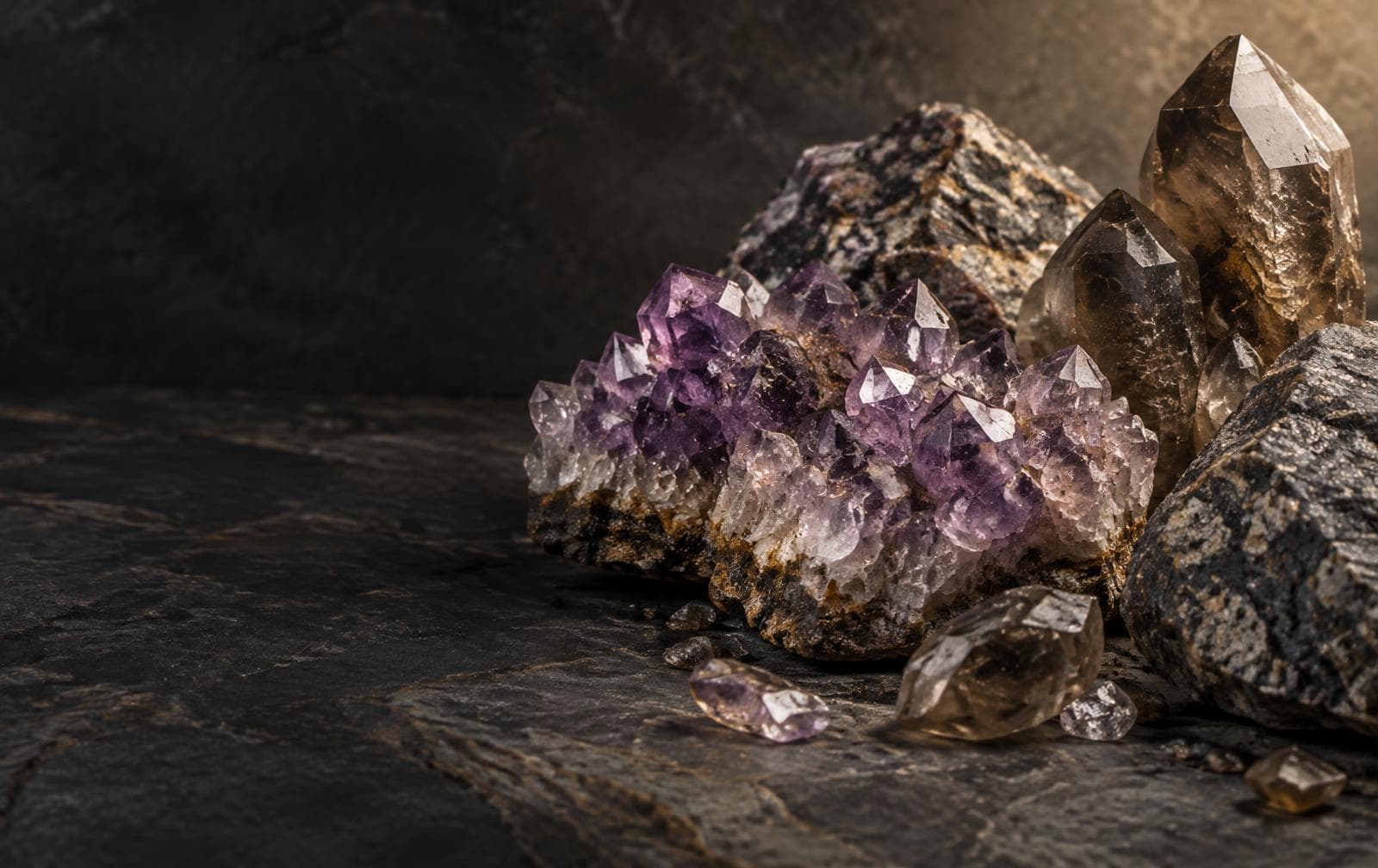 Natural amethyst and smoky quartz specimens